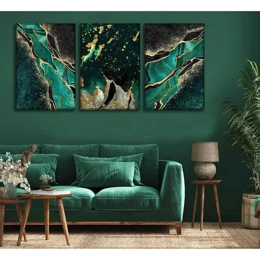 3pcs Green and Golden Marble Texture Metal Print Ready to Hang Art