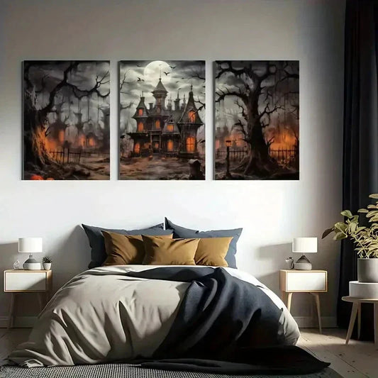 3pcs Halloween Night Ghost Castle Metal Print Ready to Hang Art