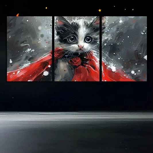 3pcs Black and White Red Bow Cat Metal Print Ready to Hang Art