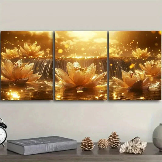 3pcs Stunning Golden Waterfall Design Metal Print Ready to Hang Art