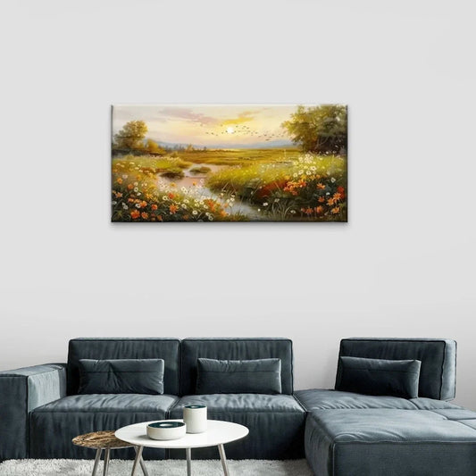 Flowers Trees River Sunset Wall Art Canvas Office Home Room Framed 80x45cm