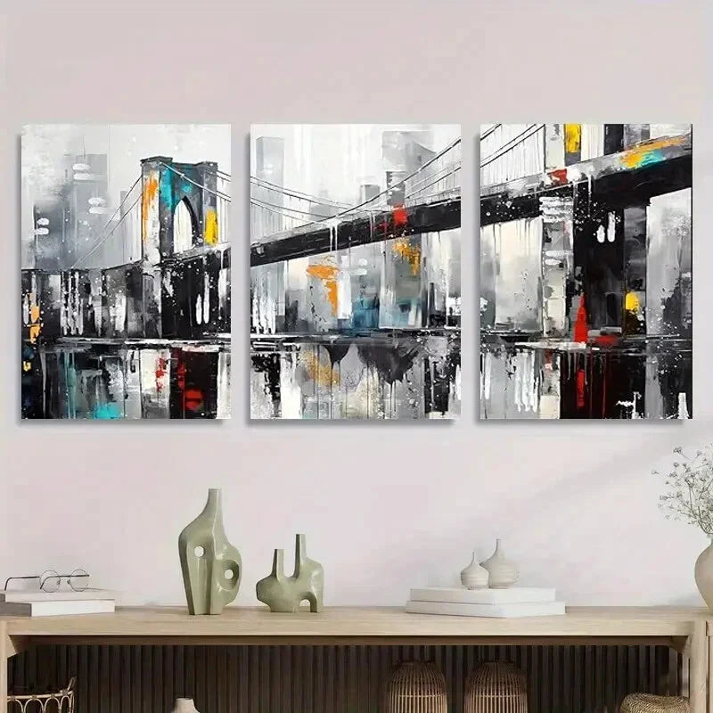 3pcs Brooklyn Bridge Modern Abstract Cityscape Metal Print Ready to Hang Art
