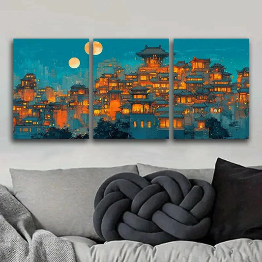 3pcs Bustling city Art Painting Metal Print Ready to Hang Art