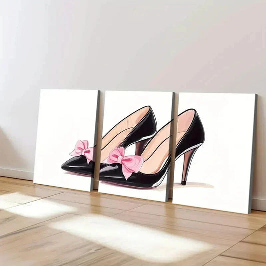 3pcs Black High Heels Pink Bows Modern White Wall Art Set Canvas Framed 40x60cm - High Quality Print 100% Australian Made Wall Canvas Ready to Hang