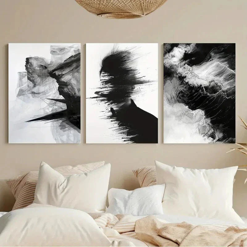 3pcs Vintage Black White Abstract Black Metal Print Ready to Hang Art