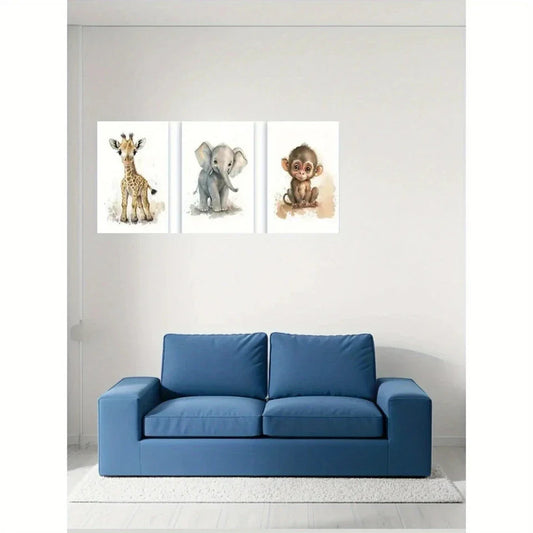 3pcs Little Monkey, Baby Elephant And Cute Giraffe Metal Print Ready to Hang Art
