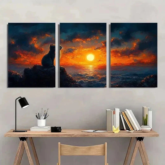 3pcs Sunset Ocean Scene with Black Cat Wall Art Set Canvas Framed 40x60cm - High Quality Print 100% Australian Made Wall Canvas Ready to Hang
