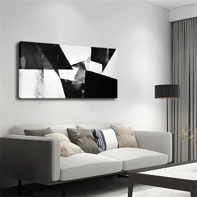 Black White Geometric Abstract Wall Art Canvas Office Home Room Framed 120x60cm