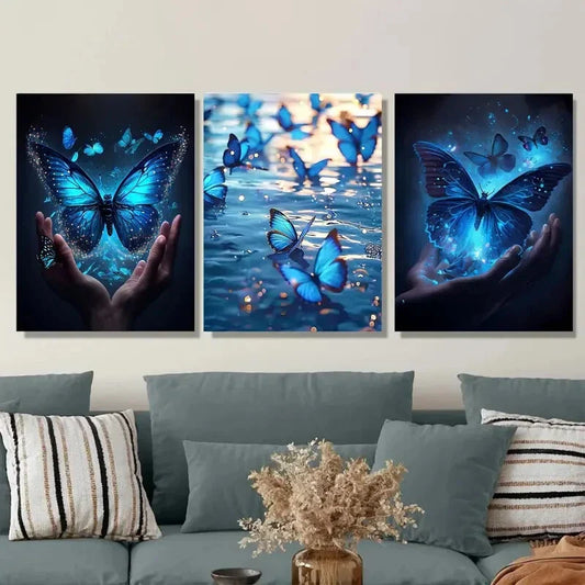 3pcs Blue Butterfly Triptych Vibrant Blue Metal Print Ready to Hang Art