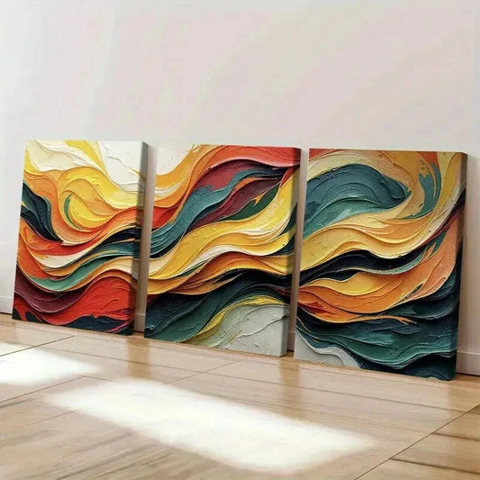 3pcs Swirling Waves in Red Yellow Green & Orange Wall Art Set Canvas Framed 40x60cm - High Quality Print 100% Australian Made Wall Canvas Ready to Hang