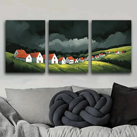 3pcs A little village with red roofs Metal Print Ready to Hang Art