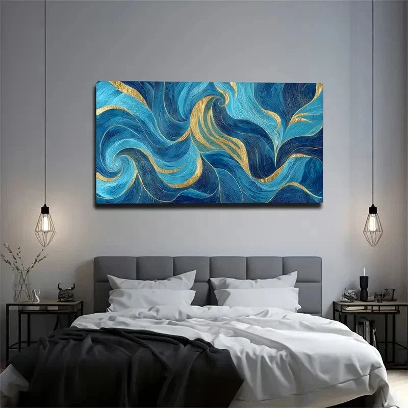 Abstract Blue & Golden Wave Wall Art Canvas Office Home Room Framed 80x45cm
