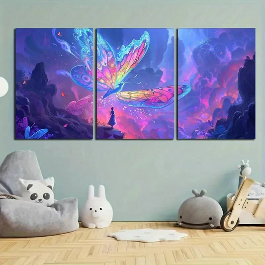 3pcs Fantasy Butterfly Colorful Wings Theme Metal Print Ready to Hang Art