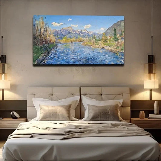 Vibrant Mountain River Sunlit Wall Art Canvas Office Home Room Framed 120x60cm