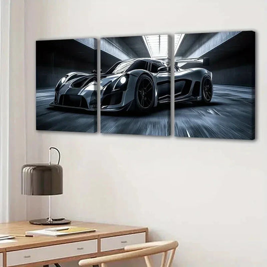 3pcs Classic Black Cool Sports Car White Lights Wall Art Set Canvas Framed 40x60cm - High Quality Print 100% Australian Made Wall Canvas Ready to Hang