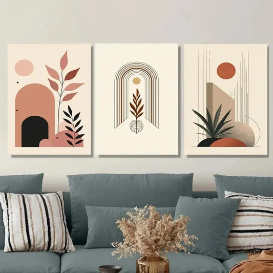 3pcs Modern Abstract Geometric & Botanical Design Metal Print Ready to Hang Art