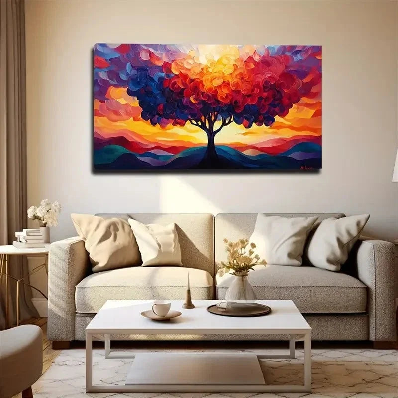 Sunset Abstract Tree Vibrant Wall A rt Canvas Office Home Room Framed 120x60cm