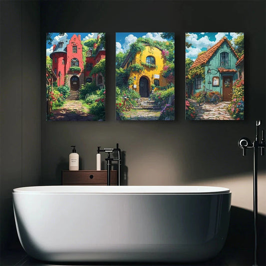 3pcs Whimsical House Whimsical House Series Street Metal Print Ready to Hang Art