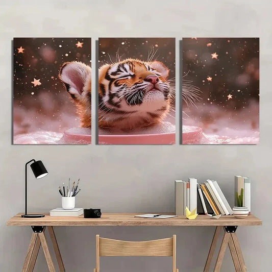 3pcs Whimsical Tiger Pink Playful Stars Metal Print Ready to Hang Art