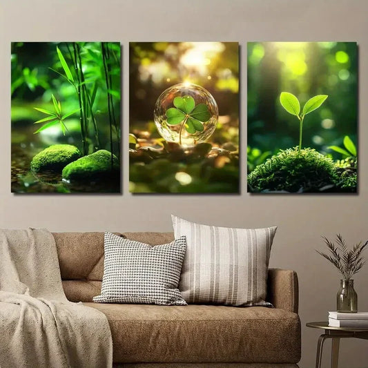3pcs Green Natural Bamboo Leaves Glass Metal Print Ready to Hang Art