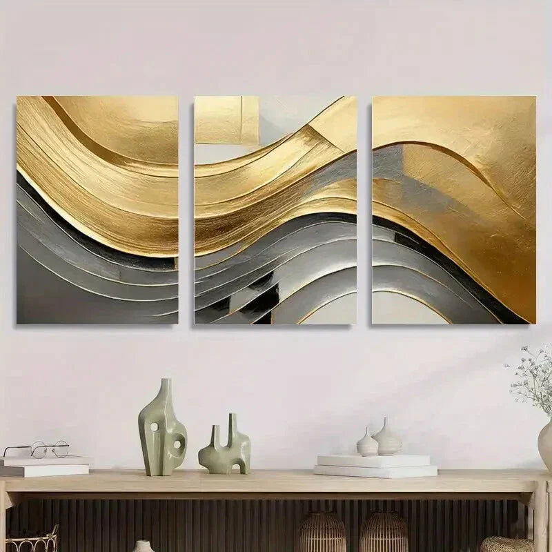 3pcs Golden and Silvery Wavy Design Metal Print Ready to Hang Art