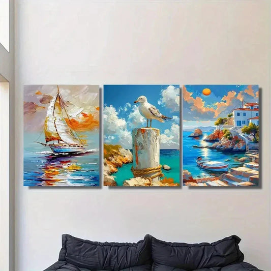 3pcs Seaside Sunset Sailboat and Seagull Triptych Metal Print Ready to Hang Art