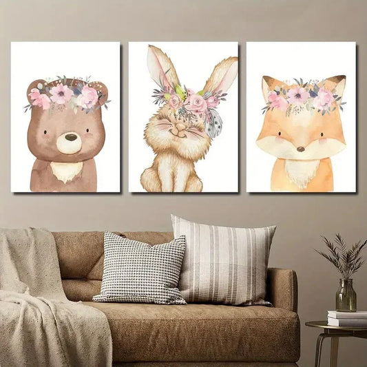 3pcs Animal Murals Cartoon Cute Rabbit Bear Metal Print Ready to Hang Art