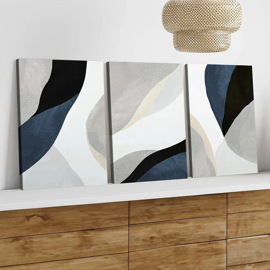 3pcs Abstract Blue Dark Blue White Gray Black Wall Art Set Canvas Framed 40x60cm - High Quality Print 100% Australian Made Wall Canvas Ready to Hang