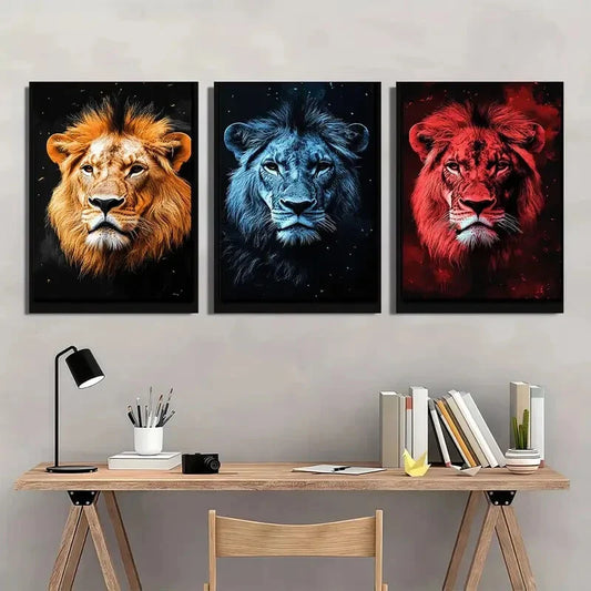 3pcs Modern Animal Vibrant Colourful Lion Metal Print Ready to Hang Art