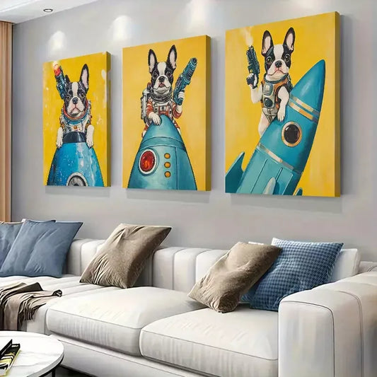 3pcs An Adorable Space-Themed Bulldog Wall Art Set Canvas Framed 40x60cm - High Quality Print 100% Australian Made Wall Canvas Ready to Hang