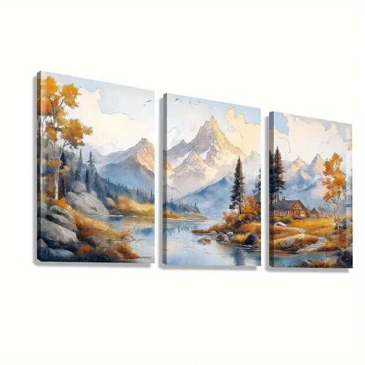 3pcs Scenic Autumn Views with Majestic Mountains Wall Art Set Canvas Framed 40x60cm - High Quality Print 100% Australian Made Wall Canvas Ready to Hang