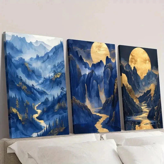 3pcs Gilded Mountains Bright Moon and Rivers Wall Art Set Canvas Framed 40x60cm - High Quality Print 100% Australian Made Wall Canvas Ready to Hang