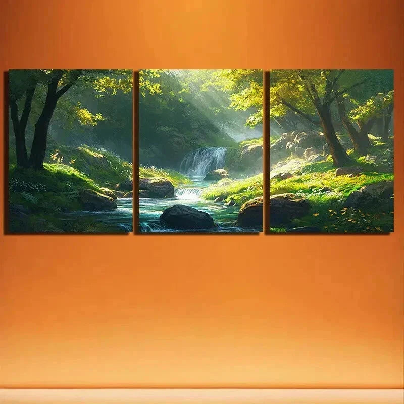 3pcs Triple Mural Forest & Stream Painting Wall Art Set Canvas Framed 40x60cm - High Quality Print 100% Australian Made Wall Canvas Ready to Hang