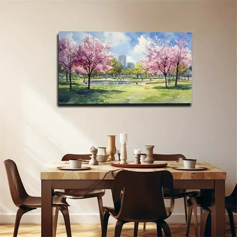 Cherry Blossom Park Landscape Wall Art Canvas Office Home Room Framed 80x45cm