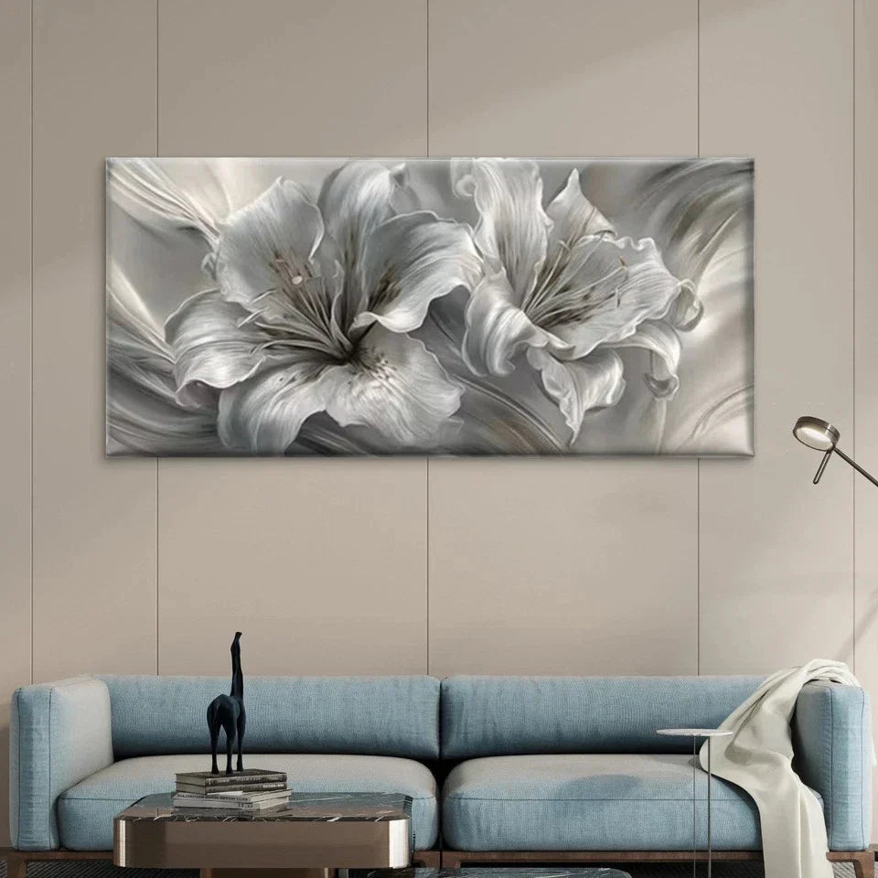 Abstract Silvery White Lily Wall Art Canvas Office Home Room Framed 80x45cm
