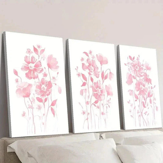3pcs Small Fresh Light Pink Flowers Wall Art Set Canvas Framed 40x60cm - High Quality Print 100% Australian Made Wall Canvas Ready to Hang