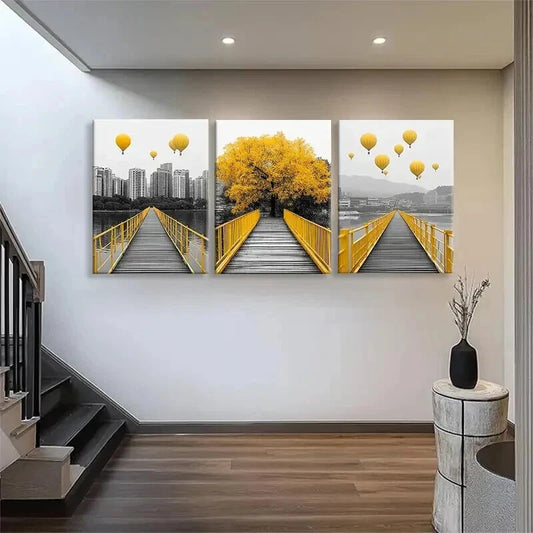 3pcs Yellow Bridge and Hot Air Balloon Perfect Wall Art Set Canvas Framed 40x60cm - High Quality Print 100% Australian Made Wall Canvas Ready to Hang