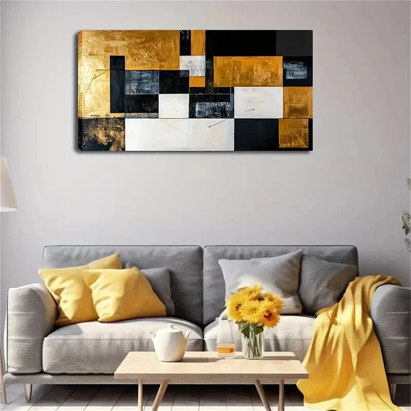 Black & White Blocks Golden Wall Art Canvas Office Home Room Framed 120x60cm