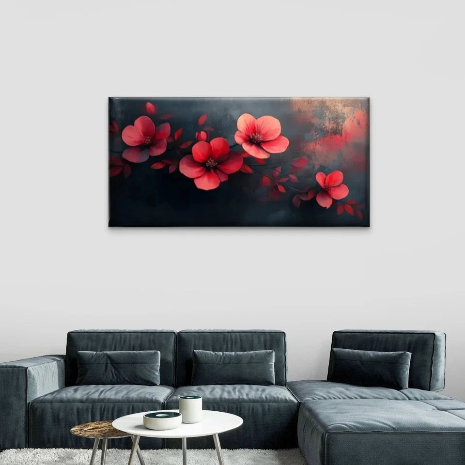 Red Flowers On A Black Wall Art Canvas Office Home Room Framed 80x45cm