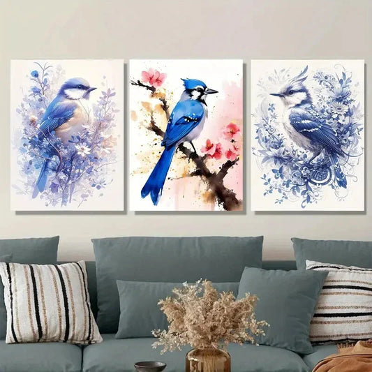 3pcs Watercolor Bird Bluebird Paintings Metal Print Ready to Hang Art