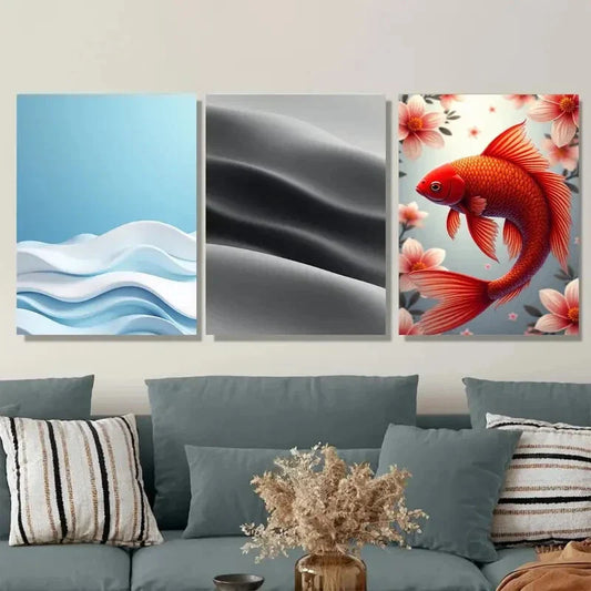 3pcs Black Silk & Goldfish Design Metal Print Ready to Hang Art