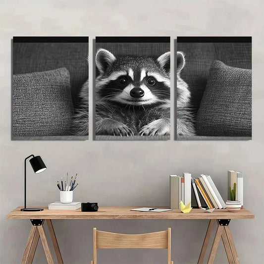 3pcs Modern Black and White Raccoon Metal Print Ready to Hang Art