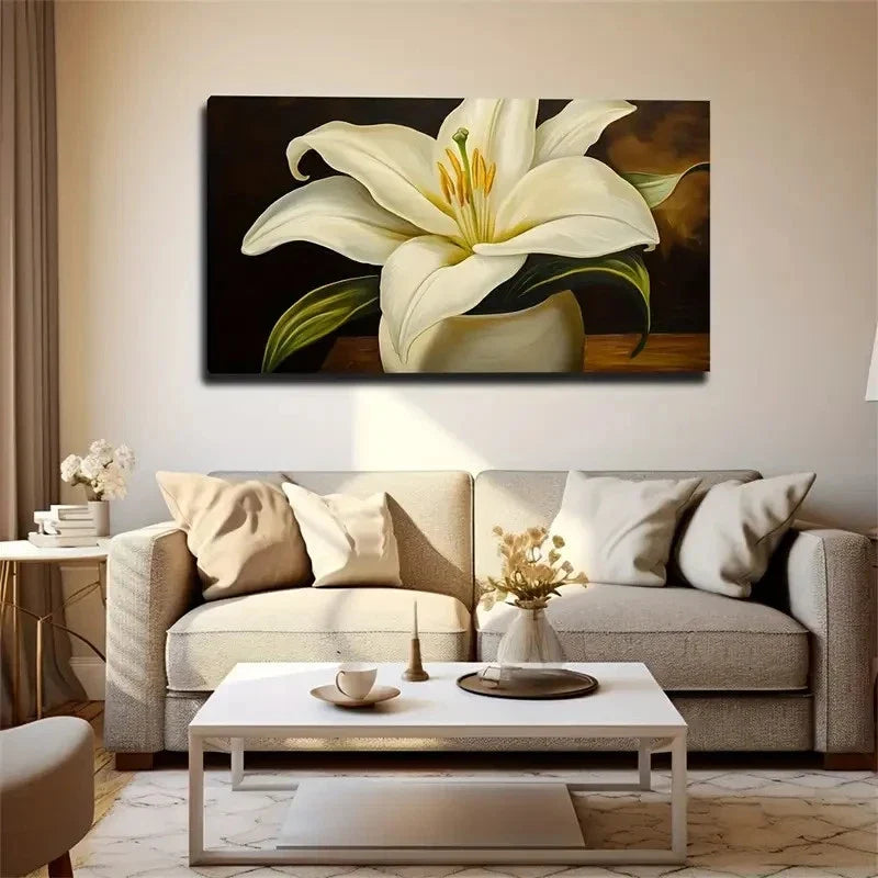 Bohemian White Lilies In Vase Wall Art Canvas Office Home Room Framed 80x45cm