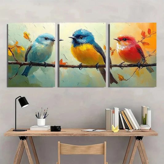3pcs Colourful Birds Are On Branches Metal Print Ready to Hang Art