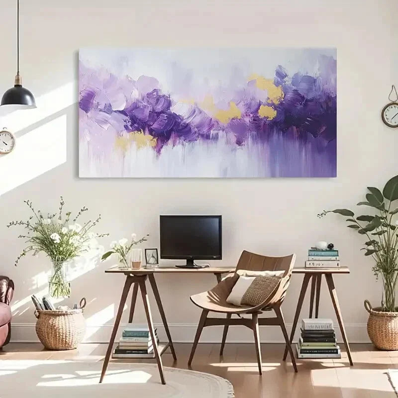 Golden Accents Purple Waves Wall Art Canvas Office Home Room Framed 80x45cm