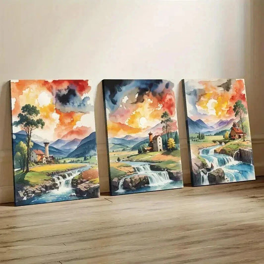 3pcs Serene River Waterfall & Mountain Landscape Wall Art Set Canvas Framed 40x60cm - High Quality Print 100% Australian Made Wall Canvas Ready to Hang