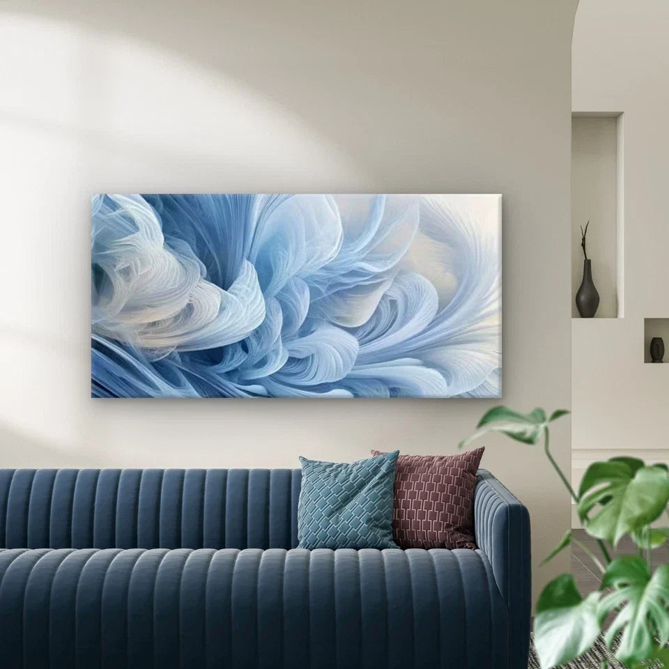 Abstract Blue Fluid Lines Wall Art Canvas Office Home Room Framed 80x45cm