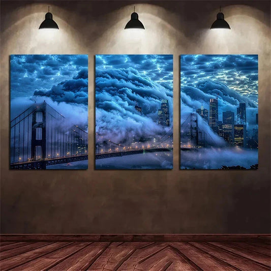 3pcs Golden Gate Bridge Sky Mist Clouds Metal Print Ready to Hang Art