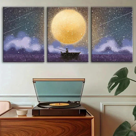 3pcs Tranquil Fishing Scene on a Full Moon Day Wall Art Set Canvas Framed 40x60cm - High Quality Print 100% Australian Made Wall Canvas Ready to Hang