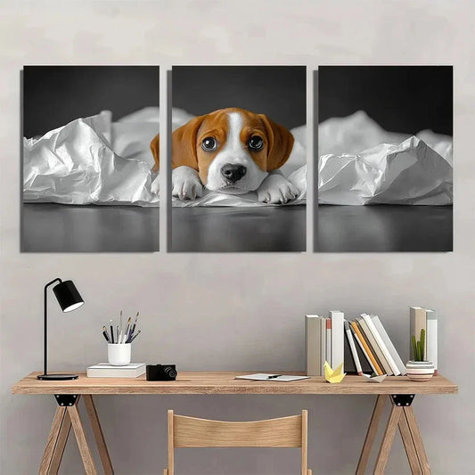 3pcs Funny Beagle Playful Dog Brown & White Metal Print Ready to Hang Art